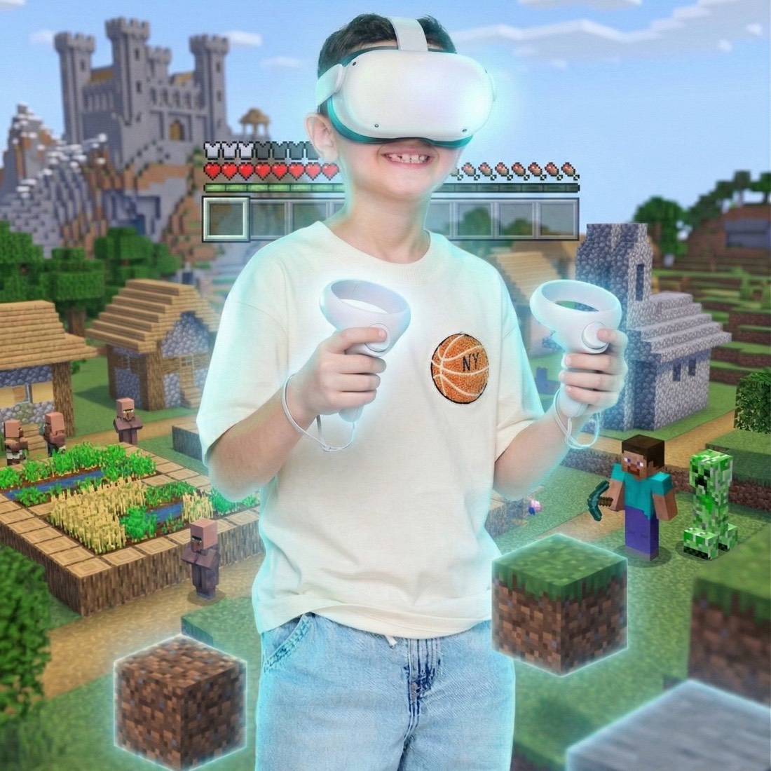ילד עם משקפי מציאות מדומה בעולם מיינקראפט
